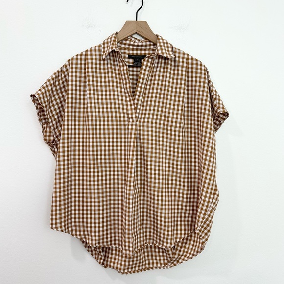 French Connection Tops - French Connection Gingham Plaid Split Popover Shirt Tan White Size small